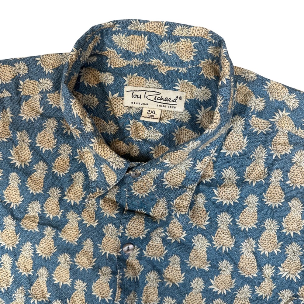 Tori Richard Mens 2XL Pineapple Print Cotton Lawn Hawaiian Shirt Blue‎ 0500-1149